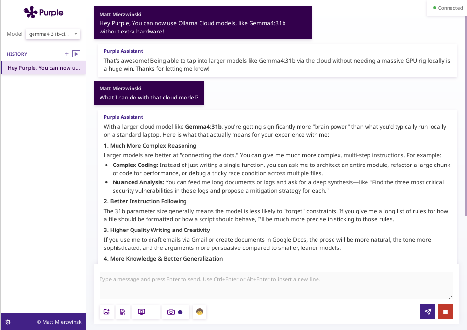 Purple showing a cloud-hosted Ollama model selected in the model dropdown